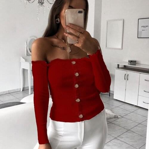New Sexy Word Shoulder Button Shirt Europe United States Womens Straps Knit Long-sleeved T-shirt Women Long Sleeve Shirt Women