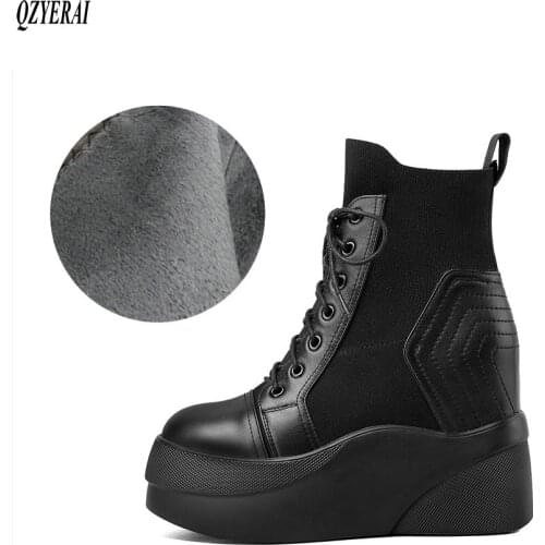 New Winter shoes natural Genuine leather boots women ankle Thick high-heeled platform Warm fur boots 100%cowhide snow boots