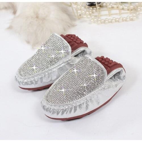 Gold/silver glitter roll up ballet flats women pleated leather foldable moccasines mujer crystal big size 43 espadrilles shoes