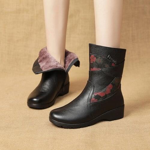 Genuine Leather Women Snow Boots Winter Thick Plush Warm Platform Wedge Boots Side Zipper Fashion Flowers Winter Women Boots