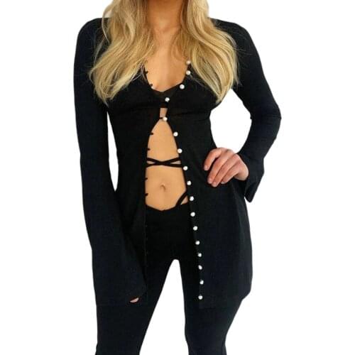 New Women Solid Color Mid-Length Coat Casual Fashion Sexy Button V-Neck Long Sleeve Umbilical Cord Bare Jacket