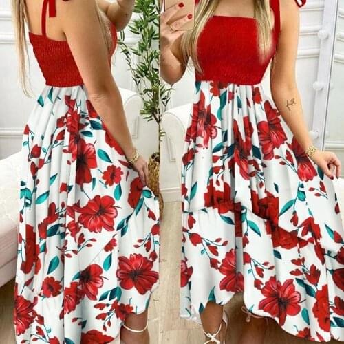 Dress Women Summer style new condole belt splicing printing irregular strapless mid calf Dresses Casual Vestidos ZXP1685