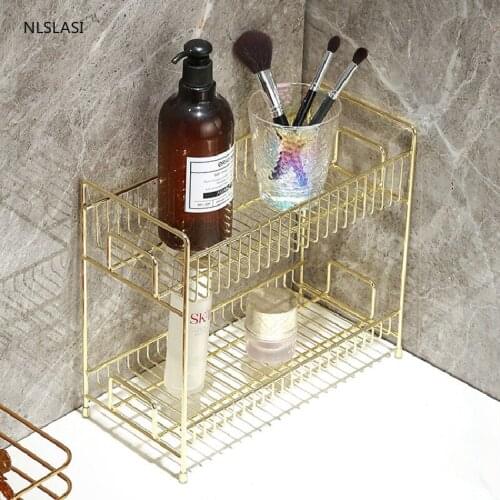 Golden Luxury Iron Wire Kitchen Bathroom Accessories Storage Rack Cosmetic Makeup Basket Holder Bath Cosmetic Shampoo Shelfzer