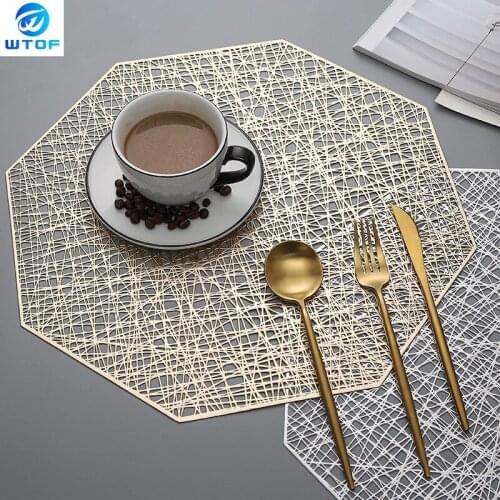 6/4pcs PVC Placemats Cutout Hangable Mat Octagonal Hollow Non Slip Dining Table Mats Coaster Home Table Decoration Gold Placemat