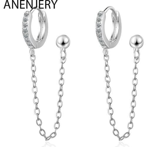 ANENJERY 925 Sterling Silver 1PC Double Ear Hole Cubic Zircon Hoop Earrings Chain Earring With Ball Jewelry For Women S-E1009