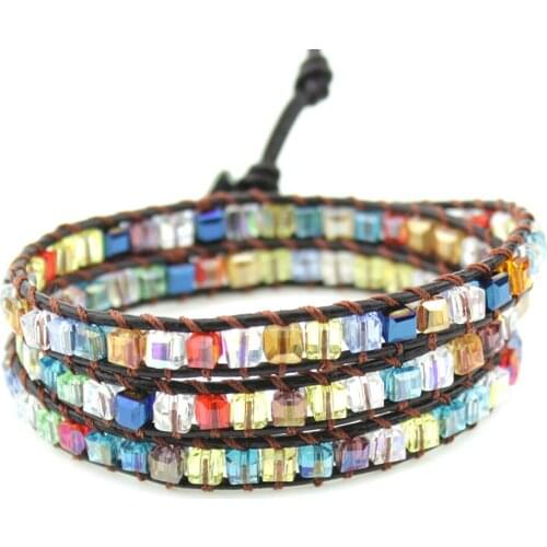 Bohemia Colorful Dice Shape Crystal Beaded Single Leather Wrap Bracelet Semi Precious Crystal Square Beaded Cuff Bracelet