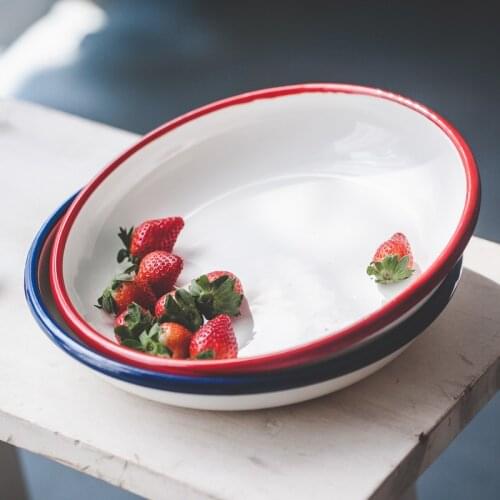 Classic thickened red blue edge porcelain enameled creative household baking round plate dessert bread food deep dish tableware