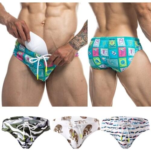 Swimwear Men Brief Trunks Low Waist Bikini Panties Sexy Nylon Printing Swimsuit Quick-Dry Push Pad Shorts Sport Beach Swimming