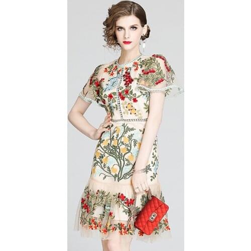 Sweet Women Luxury Embroidery Mesh Dress High Quality Elegant Wedding Party Robe Femme Vintage Designer Midi Slim Vestido