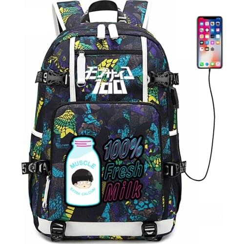 Mob Psycho 100 Women Backpack Large Travel Bagpack USB Charging Laptop Backpack Nylon School Bags Anime Bookbag Girls Rugzak