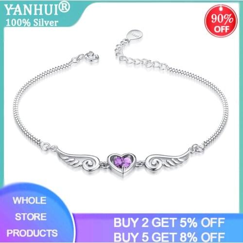 Fashion Wings Heart 925 Silver Charms Bohemian Bracelets Women Purple Zircon Wristband Bangles For Party Wedding Jewelry SL613