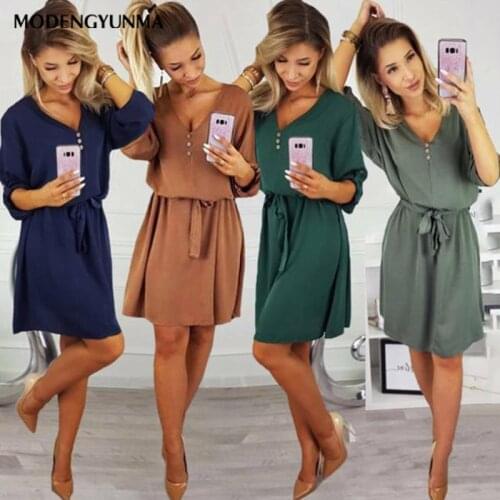 New Spring Autumn Fashion Casual Women Casual V Neck Solid Design Buttons Half Sleeve Dress Sundress With Bow Belt For Female