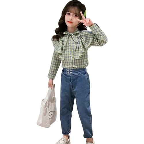 Girls Clothes Plaid Blouse + Jumpsuit Teenage Girls Clothing Casual Style Girls Tracksuit Spring Autumn Kids Tracksuit