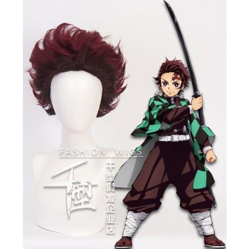 Anime Demon Slayer: Kimetsu no Yaiba Tanjirou Kamado Tanjirou Cosplay Wigs Short Red Heat Resistant Synthetic Hair Wig + Wig Cap