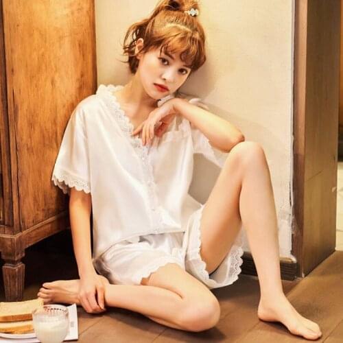 Pajamas for Women Summer Solid Sleepwear Sexy Pyjamas Set Lace Trim Shorts Cute Underwear Set Soft Short Sleeve Nightwear