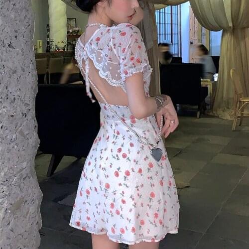 Party Sexy Sweet Dress Women Korean Backless Design Floral Elegant Dress Female Summer 2021 Puff Sleeve Kawaii Causal Mini Dress
