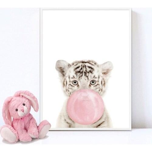 Pink Bubble Baby Tiger Animal Wall Art Canvas Print Nursery Poster Painting Decorative Picture Nordic Kids Bedroom Decoration