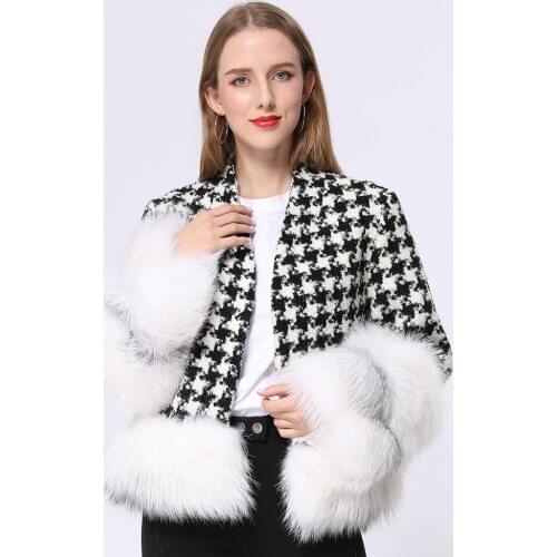 Texturned Tweed Wool Coat Real Fox Fur Cuff New Winter Warm Overcoat Fashion Women Long Sleeves Jacket