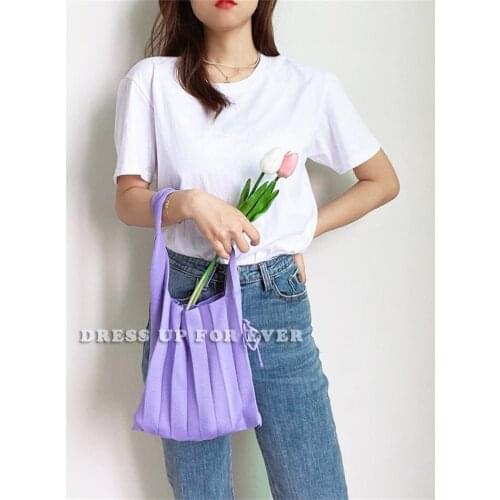 Female Solid Color Organ Bag Chic Wool Knitting Pleated Fold Design Bow-Knot Large Capacity Shoulder Shopper Handbag For Women