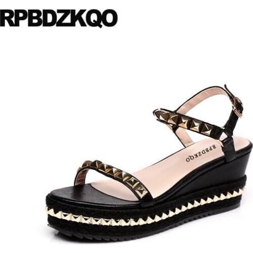 Holiday Platform Rope Wedge Ladies Black Flatform Stud Shoes Pumps Espadrilles Sandals Strap Casual Rivet Women Embellished