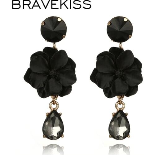 BRAVEKISS Camellia Crystal Drop Earrings For Women Elegant Green Black Flower Dangle Long Earring Fashion Jewelry Gifts BPE1432
