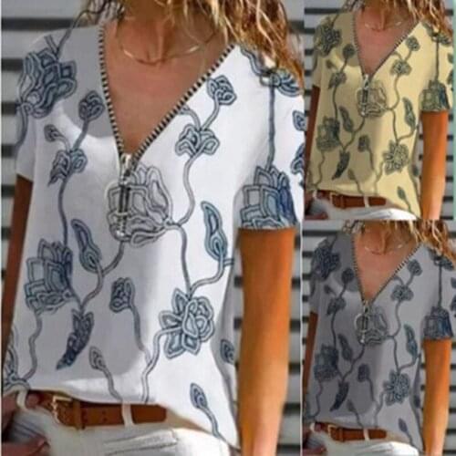 Women Tops T-Shirts Autumn Elegant Short Sleeve Print V-Neck Female Work Zipper Shirts Tops Mujer Blusa clothes