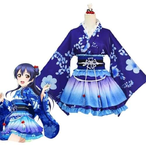 Anime Love Live Sonoda Umi Cosplay Costume dark blue Wig Vintage Japanese Kimono women Yukata Dress Lovelive Festival Costumes