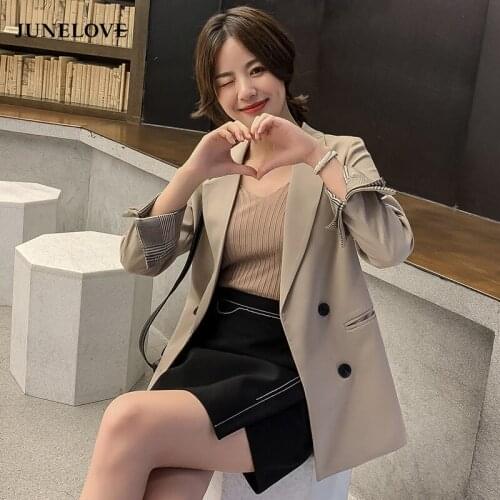 JuneLove 2020 Solid Woman Blazer Jacket Coat Double Breasted Chic Long Sleeve Suit Female Khaki Pink Casual Cardigan Outwears