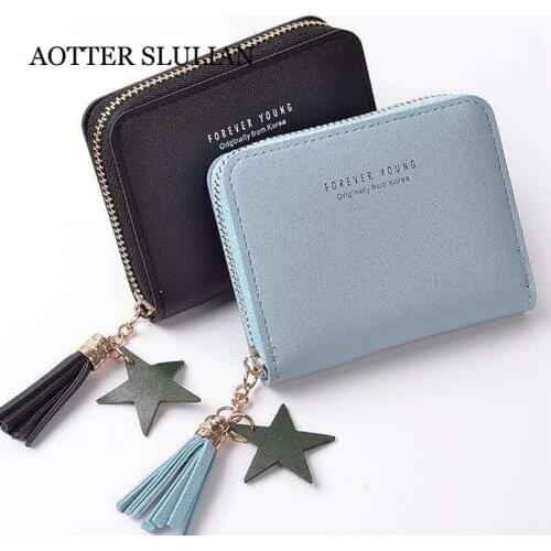 Women Simple Wallet Small Coins Purse ID Credit Cards Bag Cute Style Star Tassel Design Zipper Short Card Cases Hand Pocket Bags