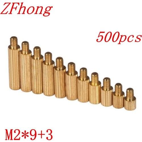 500pcs/lot M2*9+3 m2*9 Brass Round Standoff Spacer Male Female M2 Brass Threaded Spacer