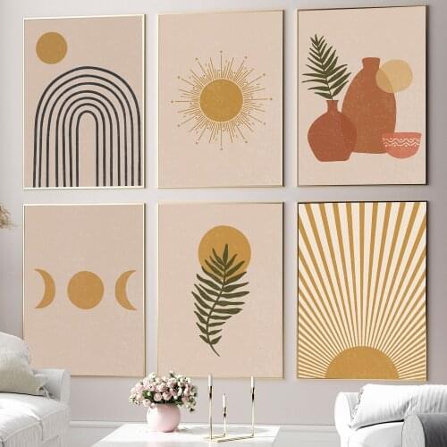 Abstract Burnt Orange Wall Art Canvas Painting Landscape Rainbow Minimalist Sunset Moon Vase Plants Poster Boho Print Home Decor