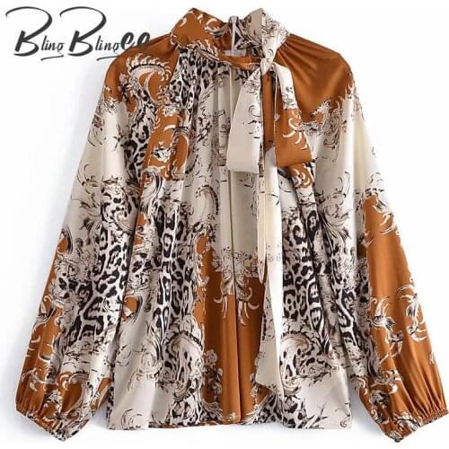 BlingBlingee Za 2021 Summer Woman Casual Blouses Traf Tops Vintage Print Long Sleeve Elegant Bow Tie Neck Loose Shirts Female