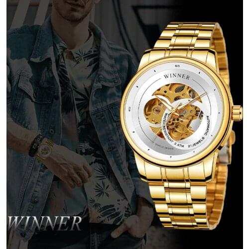 Winner Fashion Business Hollow Mechanical Mens Watch Automatic Waterproof Stainless Steel Man Wristwatches Relogio Masculi