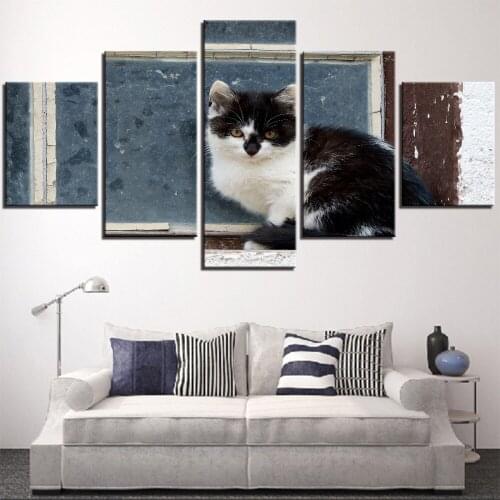 Black and White Cat Canvas Wallpapers 5 Pieces Animal Picture Posters For Home Decor Cute Kitty on the Window Art Paint