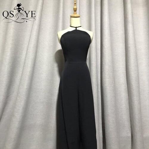 Black Long Prom Dress with Pants Sheath Halter Neck Evening Gown Open Low Back Floor Length Party Gown Stretch Women Dress