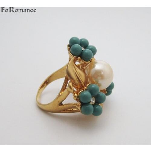 FoRomance YELLOW GOLD PLATED HIGH QUALITY BIG FACE GREEN BEADS FLOWER CZ STONES IMITATION PEARL GREAT DESIGN RING SZ 7 8 9 9.5