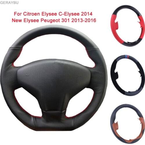 GERAYBU Custom DIY Black Artificial Leather Hand-sewn Car Steering Wheel Cover For Citroen Elysee CElysee New Elysee Peugeot 301