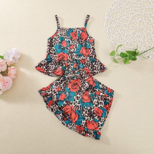 Summer 2Pcs Children Baby Outfit Leopard Rose Print Spaghetti Straps Ruffle Tank Tops + Elastic Waist Shorts for Small Girls