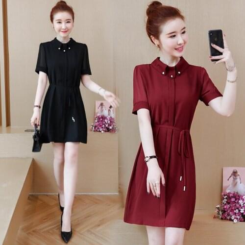 Fashion Elegant Casual Office Lady A-line Solid Work Casual Streetwear Belt Wine Red Black Womem Plus Size Summer Dress