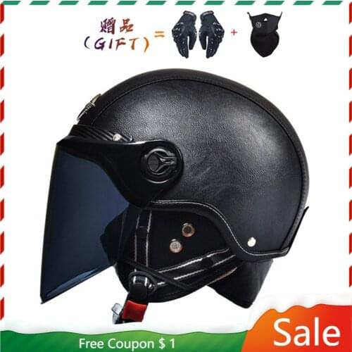 2020 Adult Motorcycle Helmet Open Face Half Leather Retro Motocross Helmets Moto DOT Helm vintage Motorbike With Inner Sun Visor