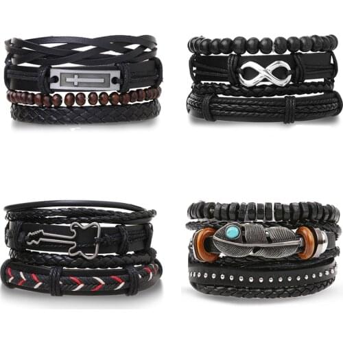 DAXI 4Pcs/set Braided Wrap Cross Guitar Number 8 Leather Bracelets Set For Men Vintage Ethnic Tribal Wristband Gothic Jewelry