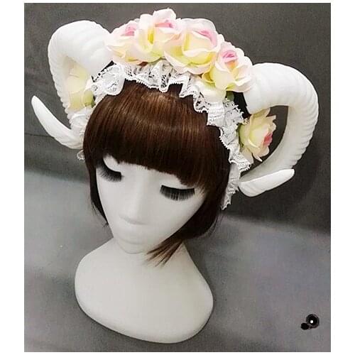 Lolita Fancy Dress Sheep Horns Headband With Rose Flowers Lace Halloween Headwear Costume accessory
