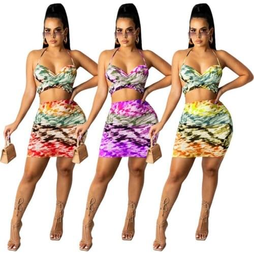 2021 Summer New Style Print Shoulder-Wrapped Chestless Backless Sleeveless Sexy Cute Two-Piece Female