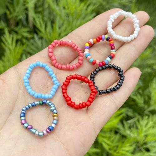 New Fashion Multicolor Beads Statement Rings For Women Boho Adjustable Elastic Rope Thin Engagement Ring Beach Jewelry
