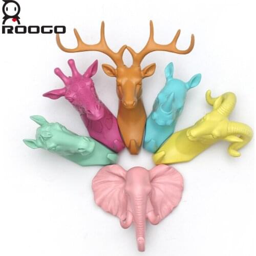 Roogo Hanger Key Holder Wall Deer Head Indoor Room Decoration Wall Hook Macaron Annimal Wall Coat Rack Resin Home Decor