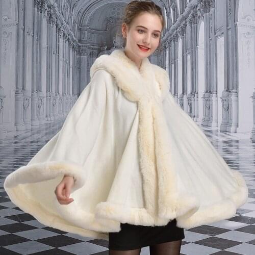 SC393 2019 Poncho Women Faux Fur Neck Two Layer Hat Winter Cape Thick White Black Knitted Cloak Plus Size Big Pendulum Cardigan