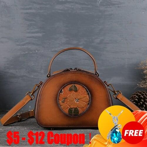 CGA 2021 New Handmade Bags For Women Retro First Layer Cow Leather Handbag Circular Floral Small Lady Shoulder Messenger Bags