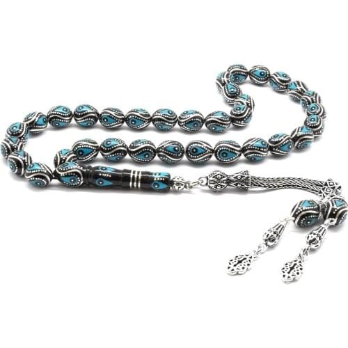 Tesbihane 925 Sterling Silver Tassels Silver-Turquoise Embroidered Barley Cut Erzurum Oltu Rosary (M2)