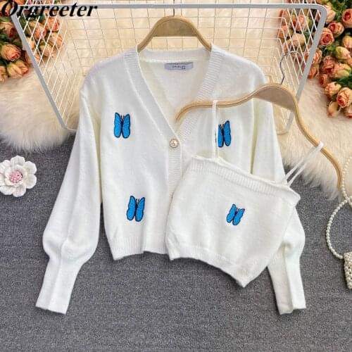 Y2k Knitted Cardigan Sets Korean Fashion Vintage Embroidery Butterfly Short Sweater Jacket Tank Top Single-breasted Knitted Suit