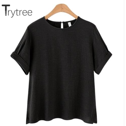 Trytree 2021 Summer Women T-shirt Casual Solid Cotton Linen O-Neck Button Back Oversize Shirt Loose Tops For Women Dropshipping